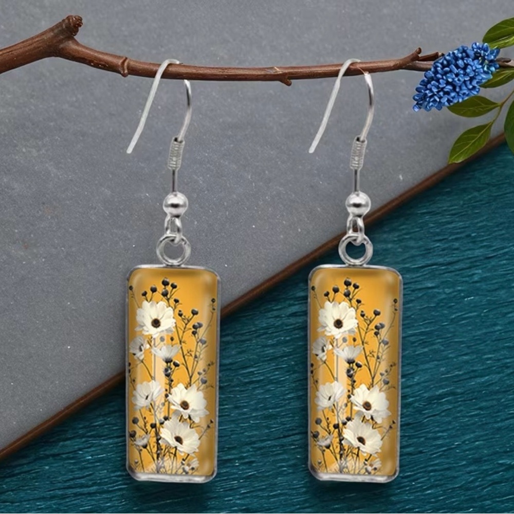 Chamomile Floral Glass Dangle Earrings New Rectangular Art Style